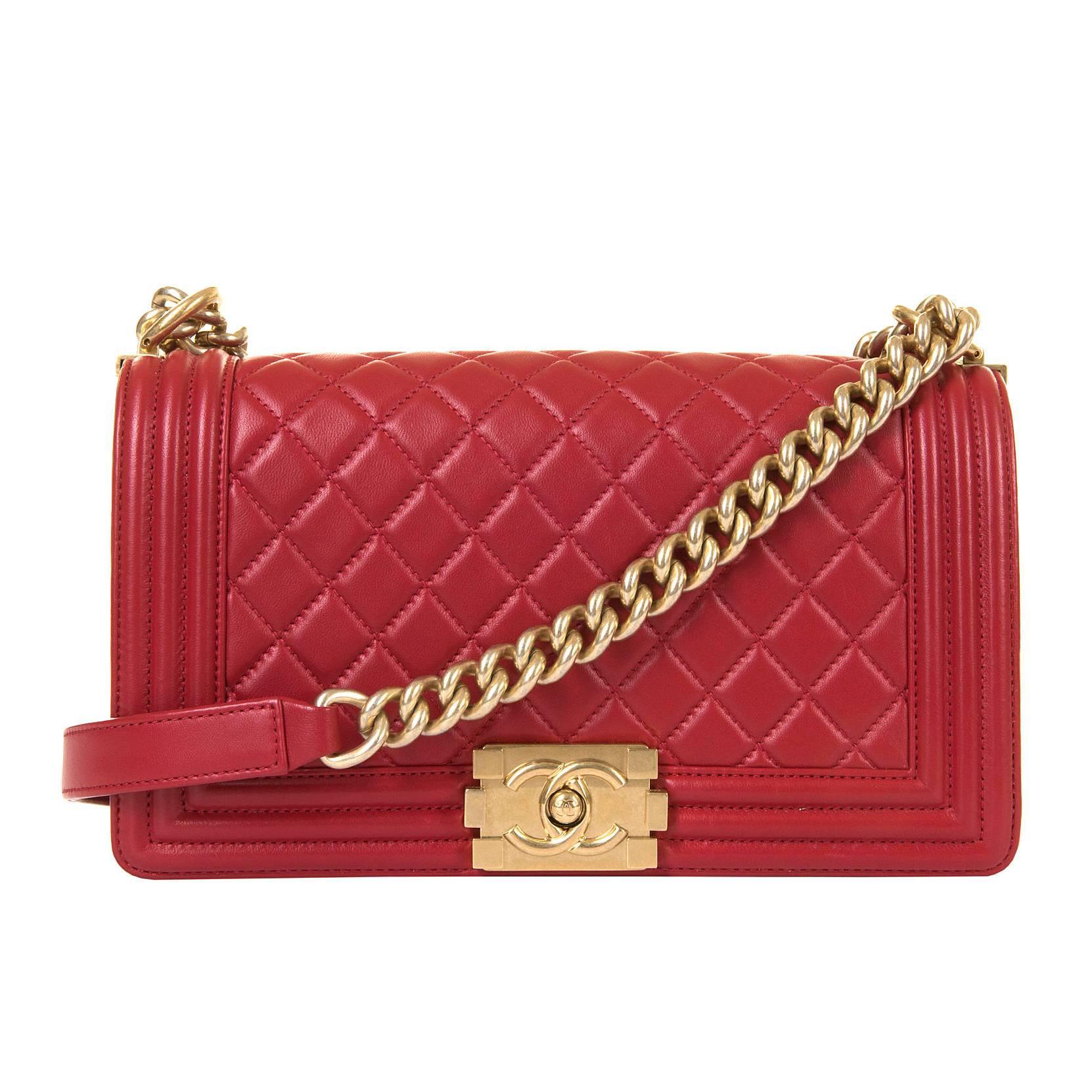 Fabulous New Chanel Imperial Red 25cm Medium Quilted Boy Bag with Gold Hardware