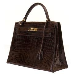 PRISTINE Hermes Vintage 'Chocolat' Crocodile Kelly Bag with Goldtone Hardware