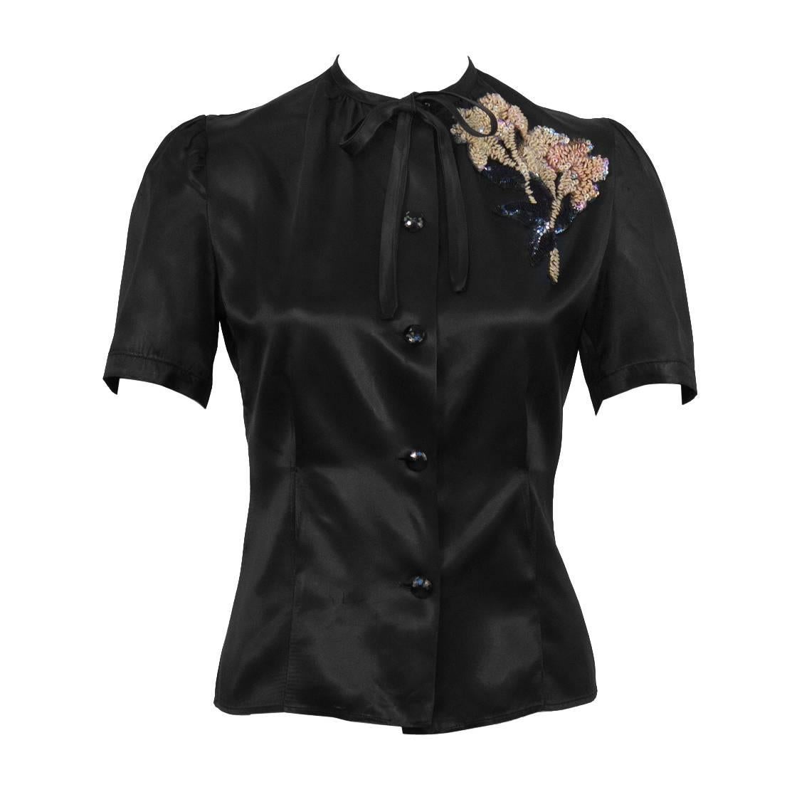 1940's Anonymous Black Satin Blouse With Beaded Flower