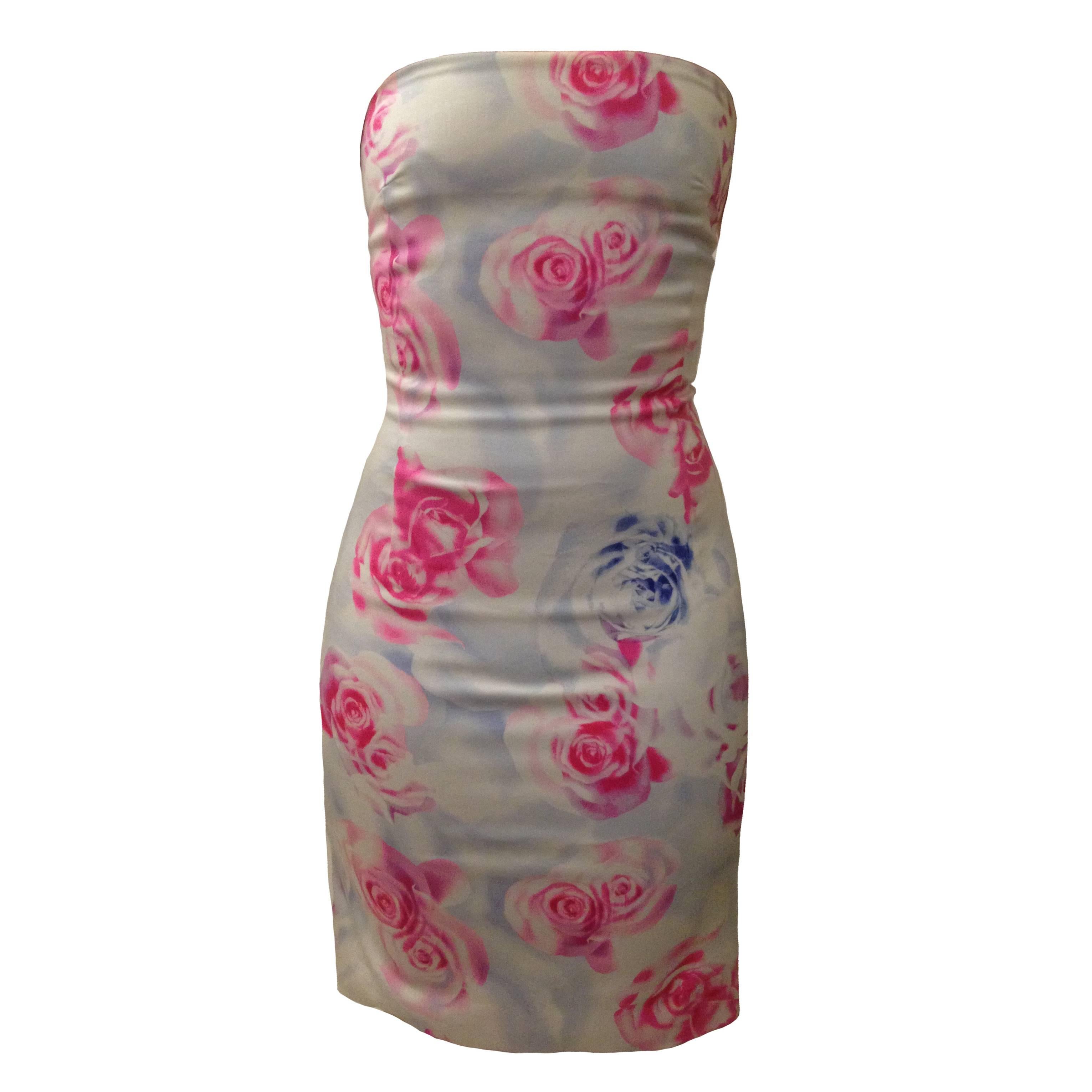 Versus by Versace Pink Blue Rose Print Bodycon Strapless Cut Out Back Mini Dress