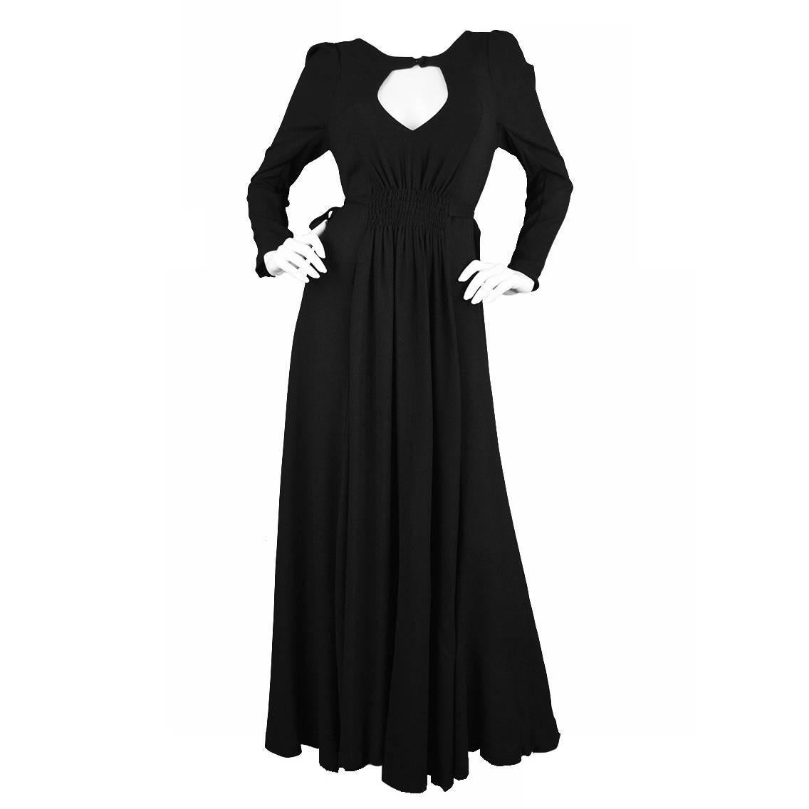 Ossie Clark for Quorum 1970s Moss Crepe Backless Keyhole Black Evening Dress For Sale