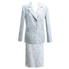 Algo Light Blue with White and Silver Metallic Thread Brocade Skirt Suit