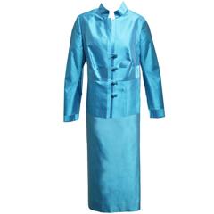 Algo Turquoise Shantung Silk Three Piece Skirt Suiting