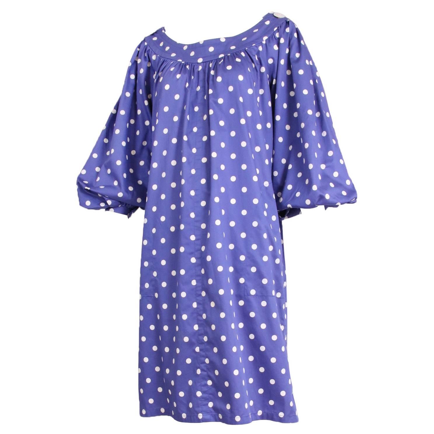 Vintage Yves Saint Laurent Periwinkle Blue & White Polka Dot Smock Dress