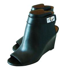 Givenchy Shark Lock Wedge Booties Black Calfskin Leather Peep Toe Sz 38.5 2