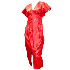 80s Noviello Bloom Red Leather Dress with Studded Waist