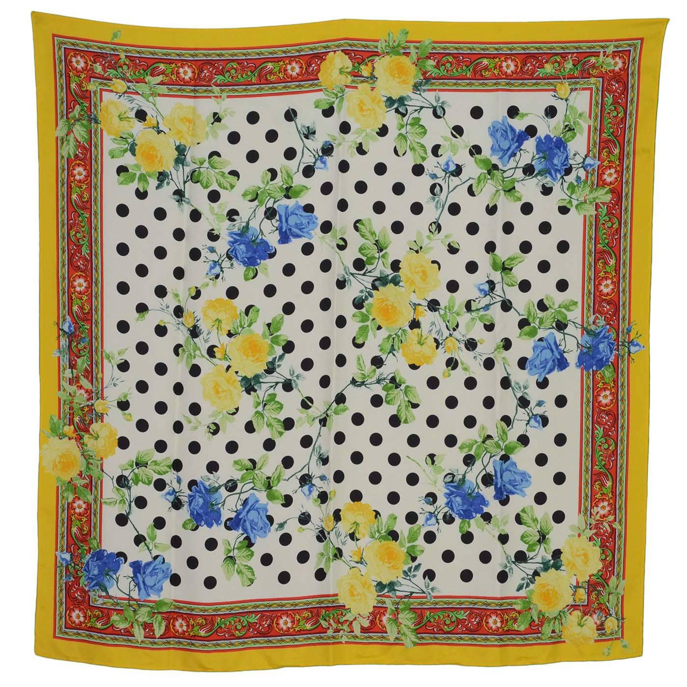 Dolce & Gabbana Yellow, Black, White Floral & Polka Dot Silk Scarf