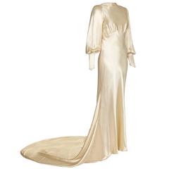1930s Silk Satin Bias Cut Ivory Wedding Dress