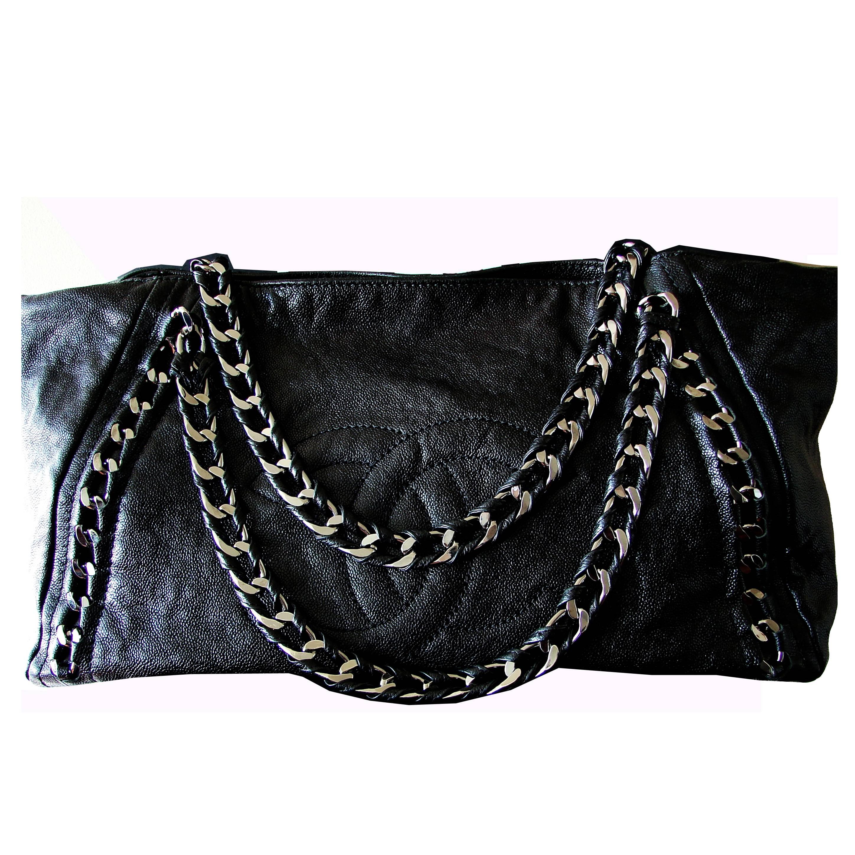 Chanel Modern Chain Tote Bag XL Black Glazed Caviar Luxe Ligne Moto Bag  2009 at 1stDibs | chanel chain tote bag