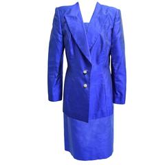 Algo Royal Bluee Shantung Silk Two Piece Dress and Jacket Ensemble 