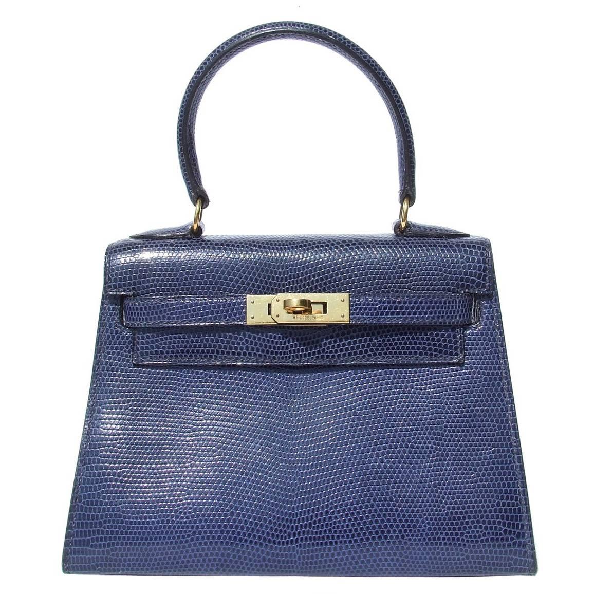 Exceptional Hermes Mini Kelly 20 cm Bag 3 ways Blue Lizard Gold Hdw For Sale at 1stdibs