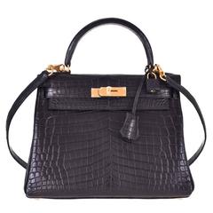 Hermes Kelly Bag 28cm Matte Black Crocodile Niloticus Gold Hardware JaneFinds