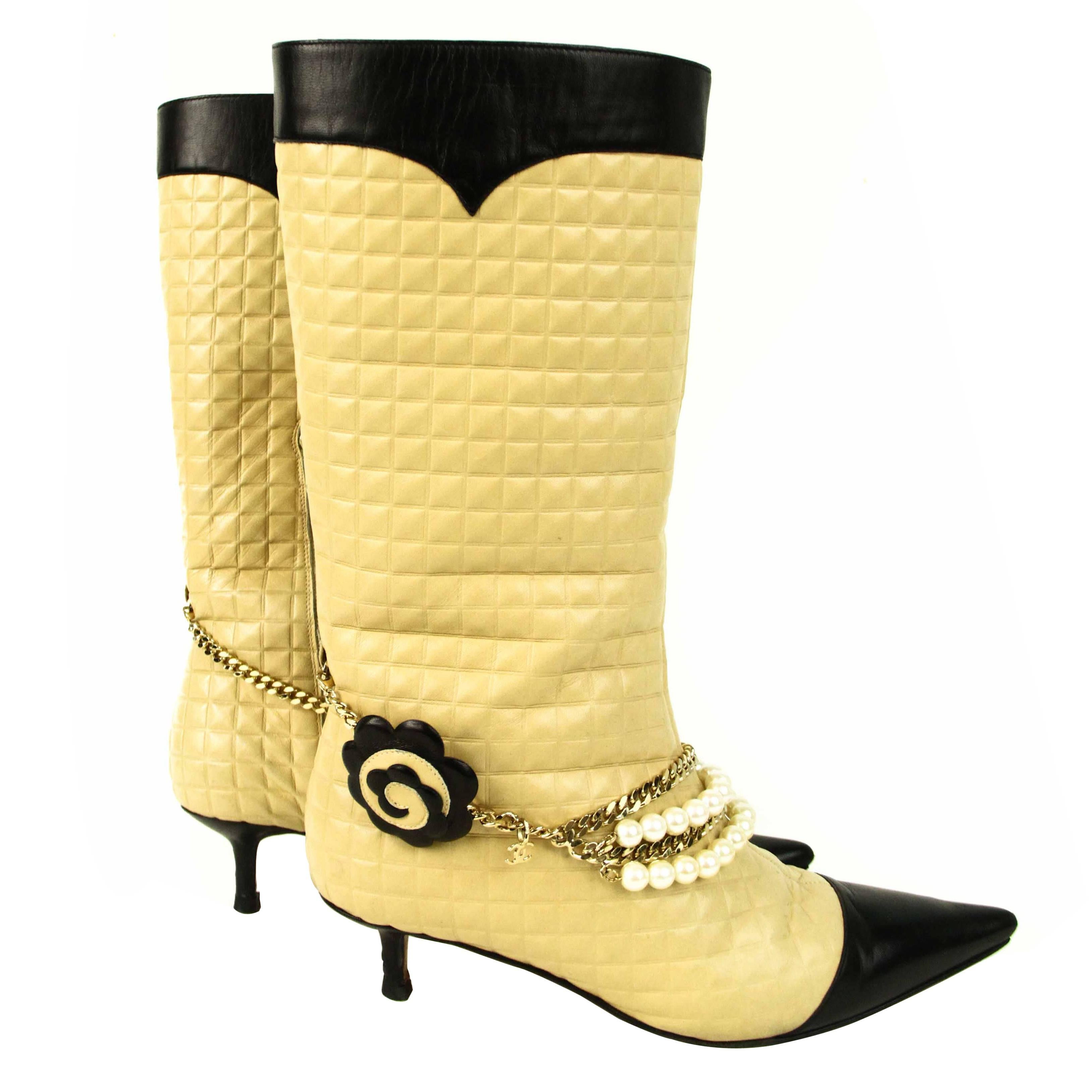 CHANEL Quilted Boot with Pearls and Camellia Flower 39.5