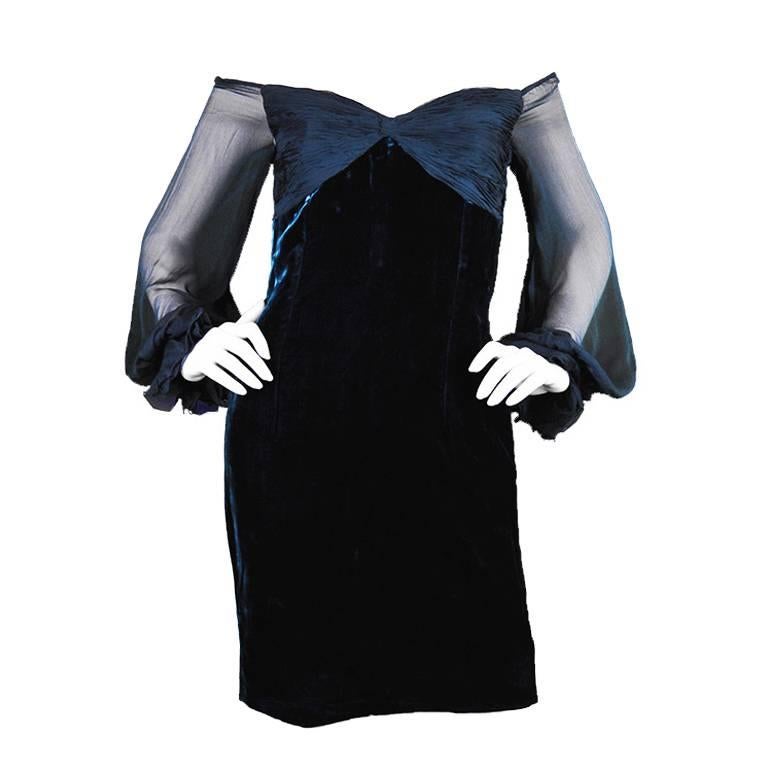 Valentino A/W 1991 Midnight Blue Velvet & Silk Chiffon Boutique Cocktail Dress