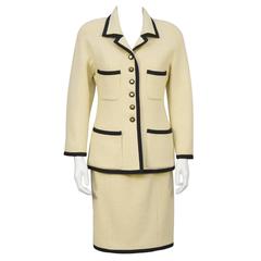 Vintage 1980's Chanel Cream Suit with Black Ribbon Trim 