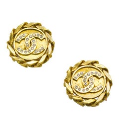 1988 Chanel Gold-Tone & Rhinestone CC Earrings