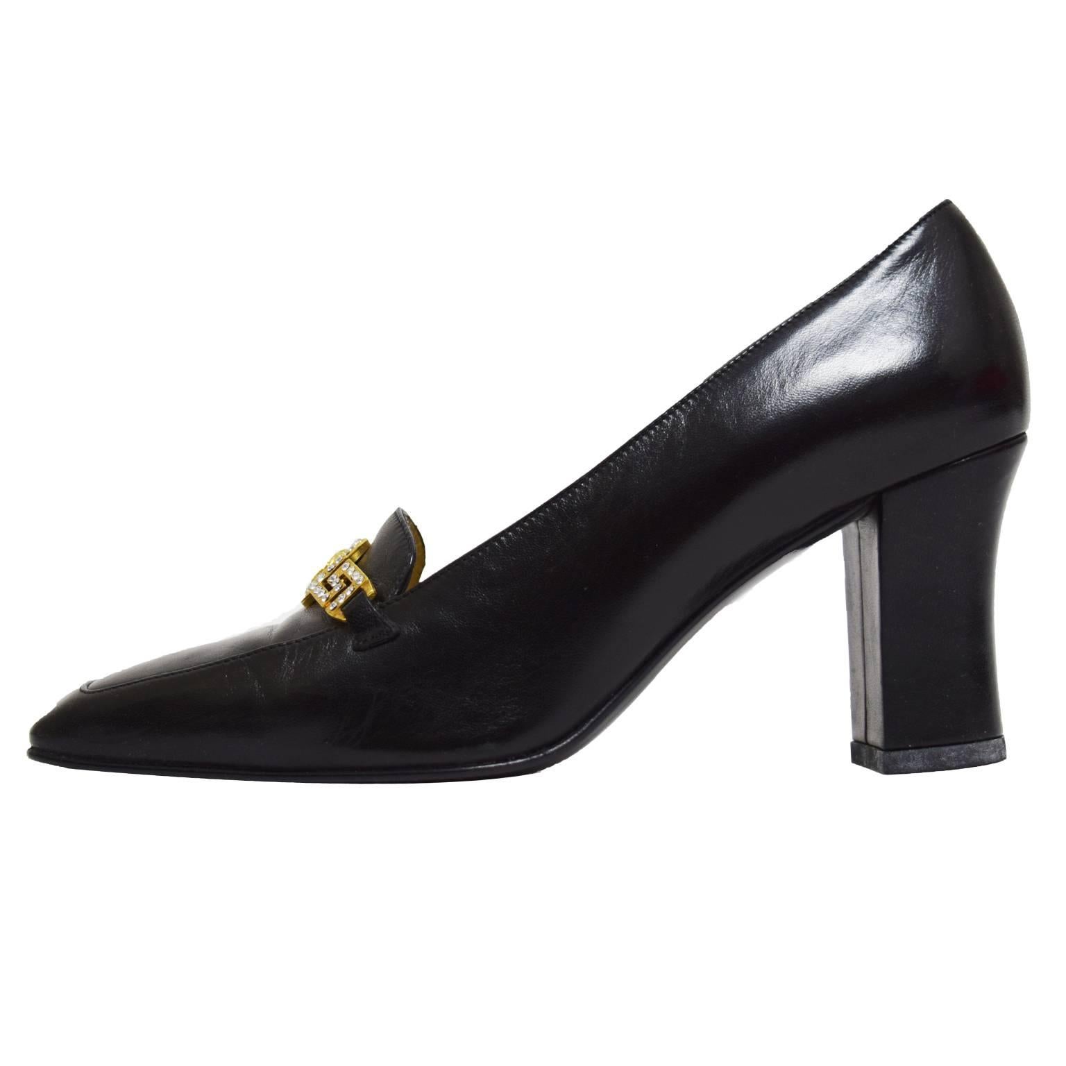 Versace Black Leather Heeled Loafer with Gold and Swarovski Crystal Chain Detail For Sale