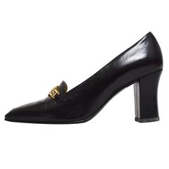 Vintage Versace Black Leather Heeled Loafer with Gold and Swarovski Crystal Chain Detail