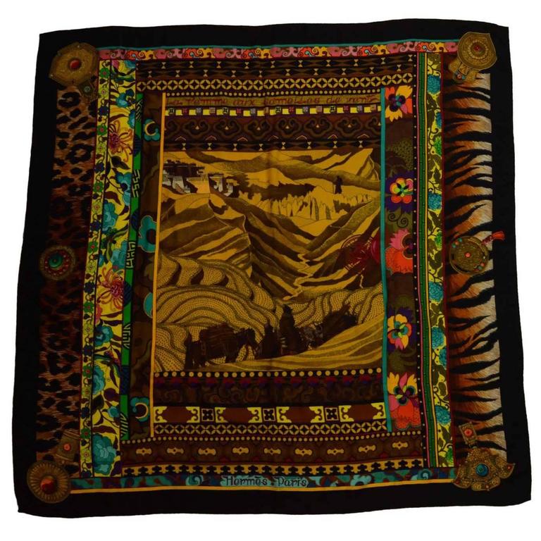 Hermes Black And Gold La Femme Aux Semelles De Vent Cashmere Silk Shawl Scarf At 1stdibs