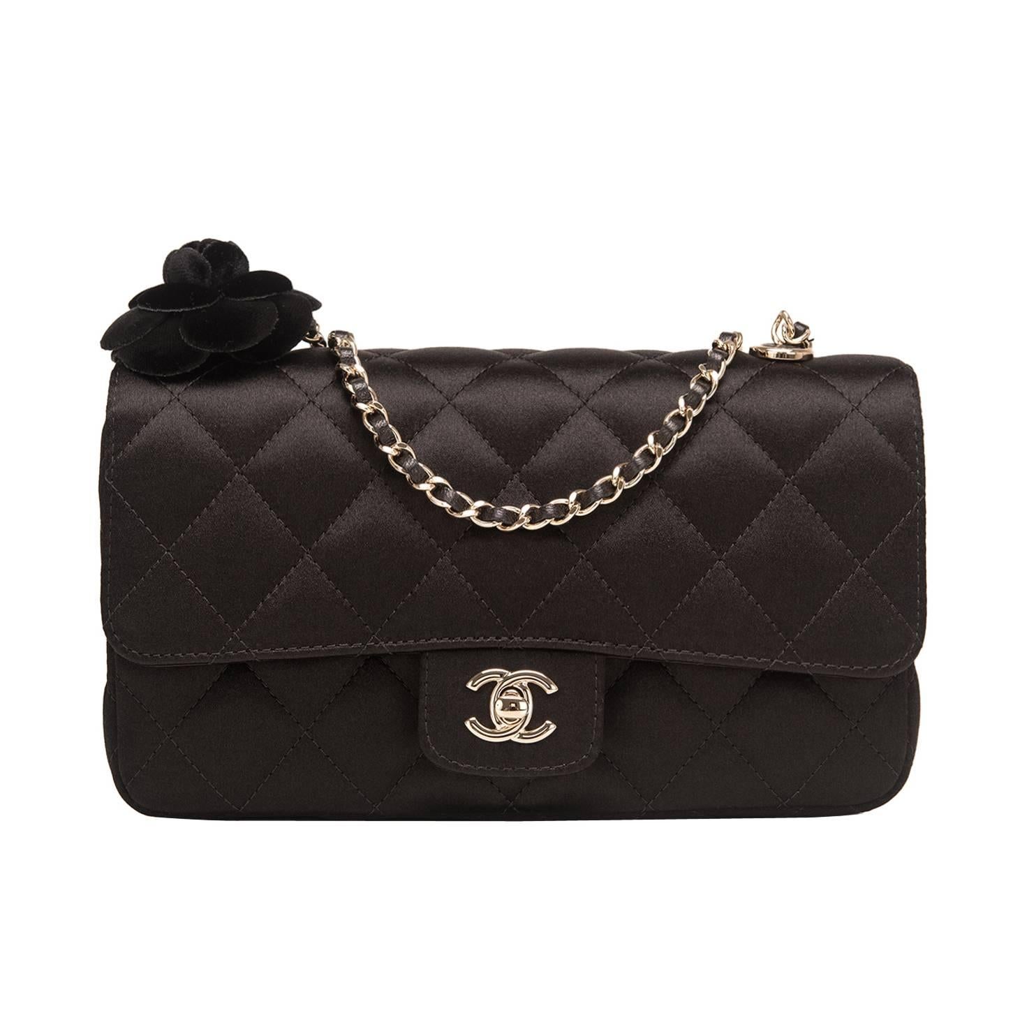 Chanel Black Quilted Satin Camellia Mini Flap