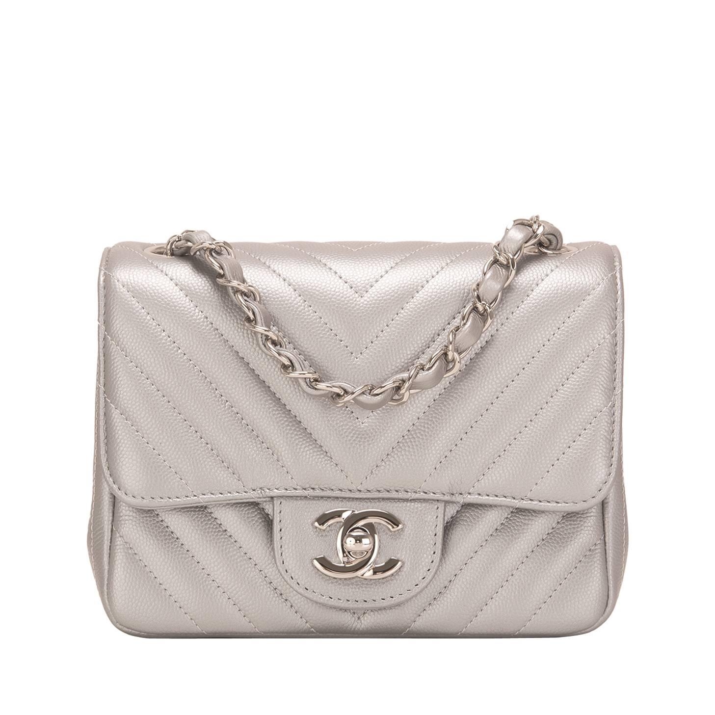 Chanel Silver Chevron Quilted Caviar Square Mini Flap Bag