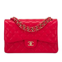Chanel Red Quilted Lambskin Jumbo Classic Double Flap Bag 