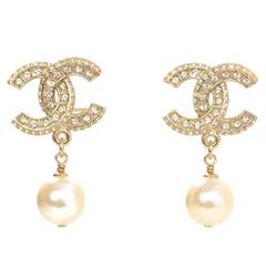 Chanel NEW '16 Crystal & Pearl CC Drop Earrings