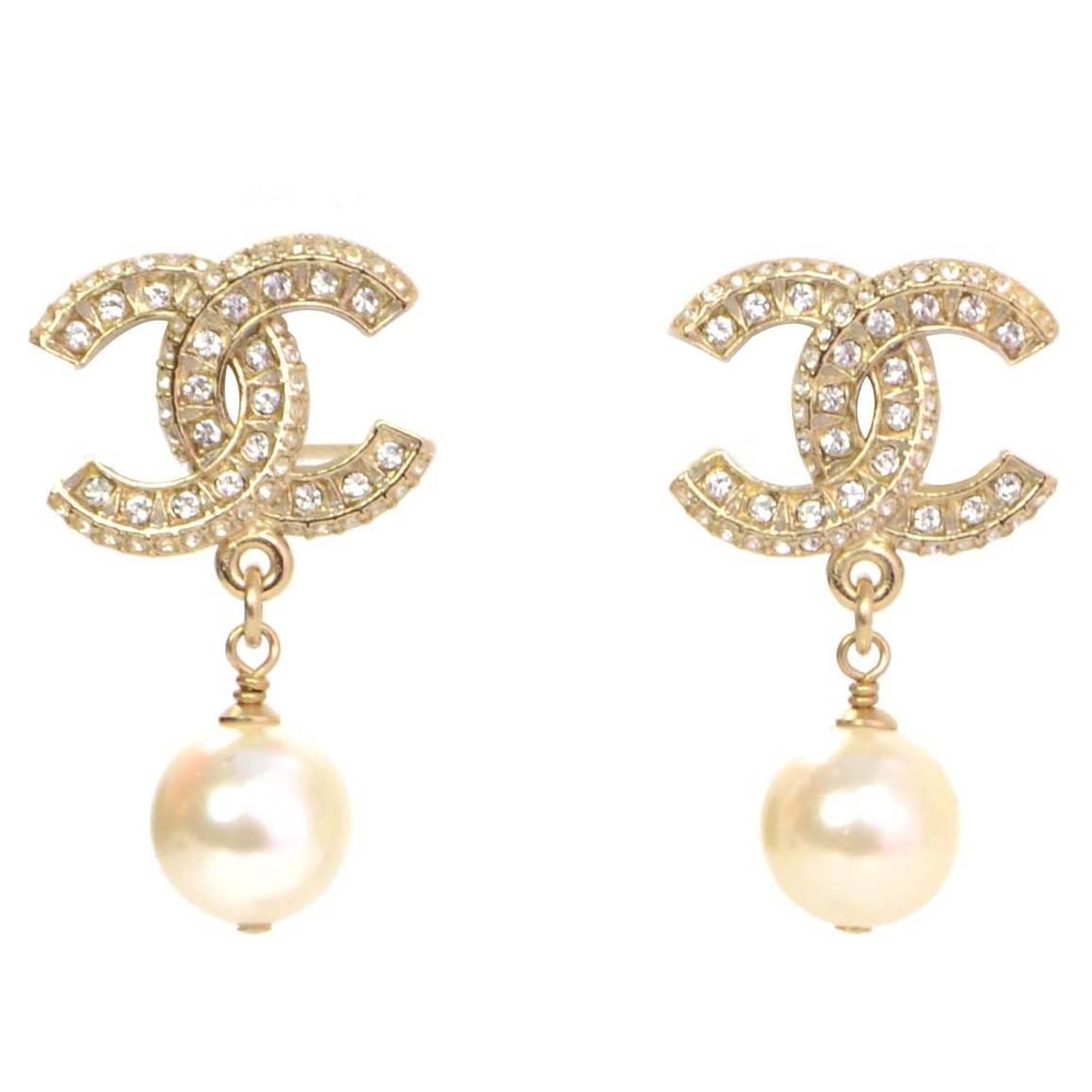 Chanel NEW '16 Crystal and Pearl CC Drop Earrings at 1stdibs