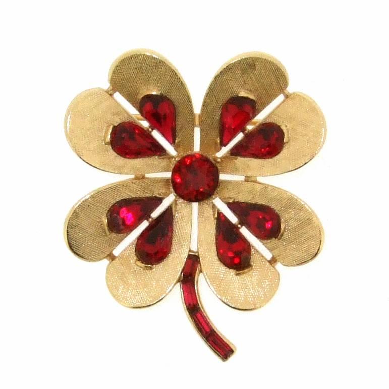 Vintage Trifari Four Leaf Clover Good Luck Red Crystal Brooch For Sale