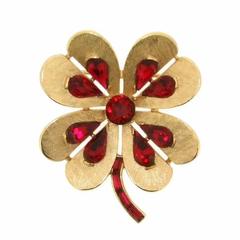 Vintage Trifari Four Leaf Clover Good Luck Red Crystal Brooch