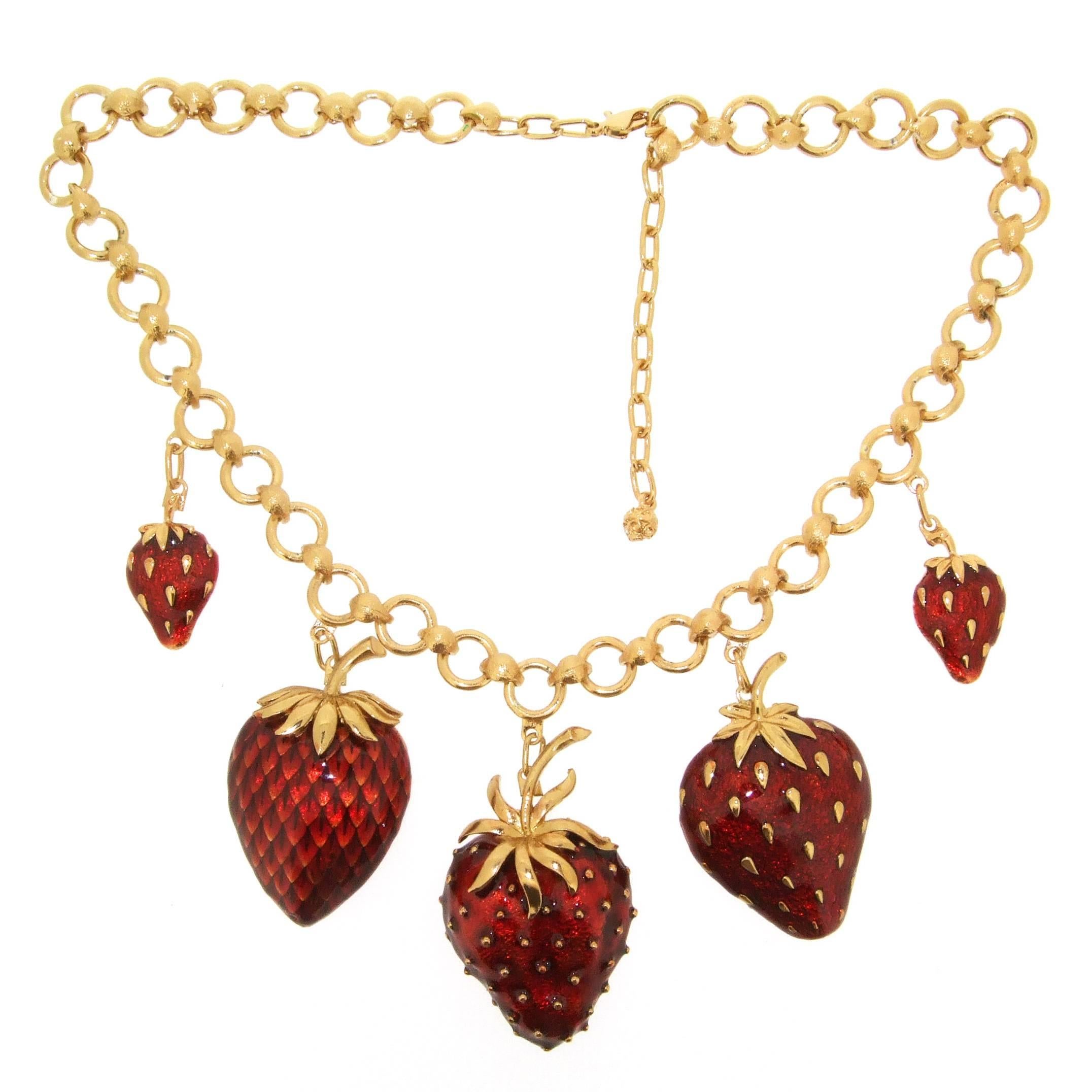 Strawberry Necklace Red Enamel For Sale