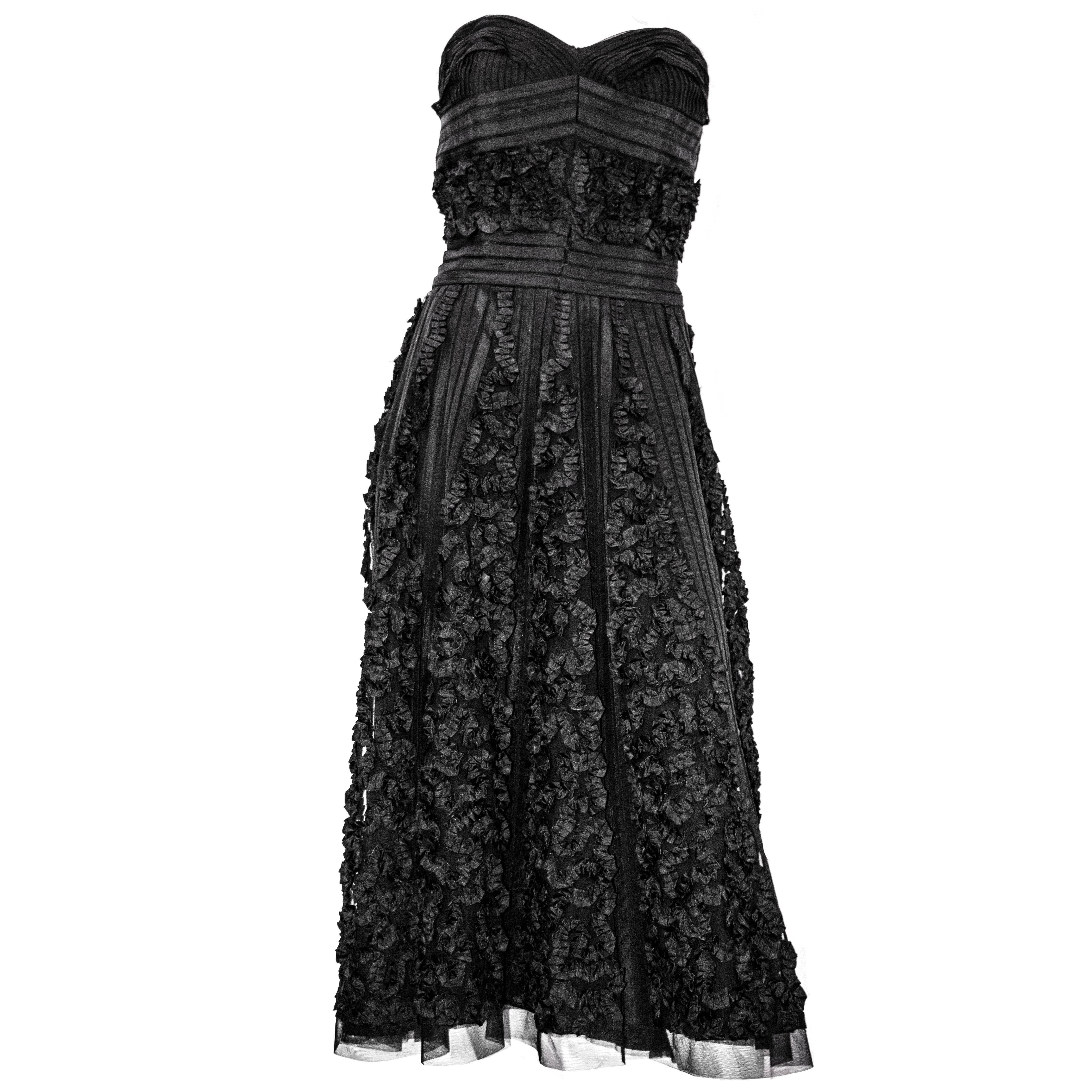 50s Strapless Black Cocktail Dress with Ruffle Trim 