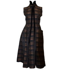 Vintage 50s Bronze and Black Plaid Dress with Black Velvet Trim
