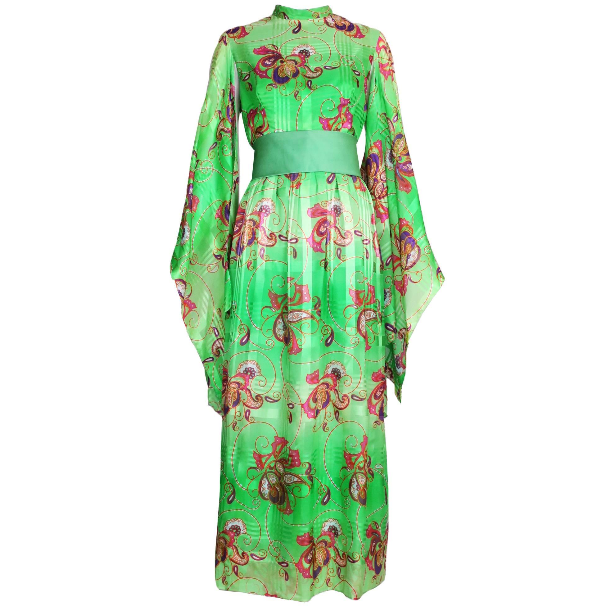 Mollie Parnis Green Silk Printed Maxi Dress w/Angel Wing Sleeves