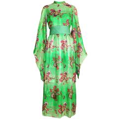 Vintage Mollie Parnis Green Silk Printed Maxi Dress w/Angel Wing Sleeves