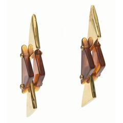 Pair of Tortoise Lucite and Brass Plated Dangle Sculptural Earrings 6