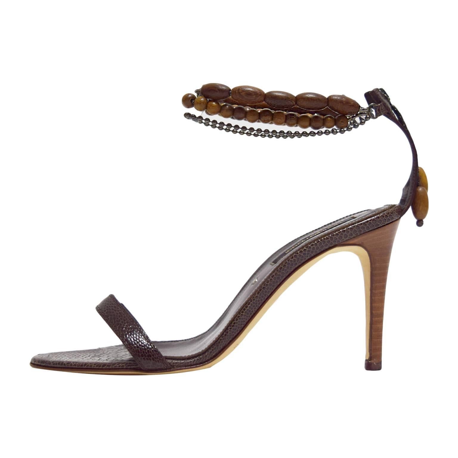 Sergio Rossi Brown Reptile Leather Pumps With Wooden Beaded Ankle Straps  For Sale