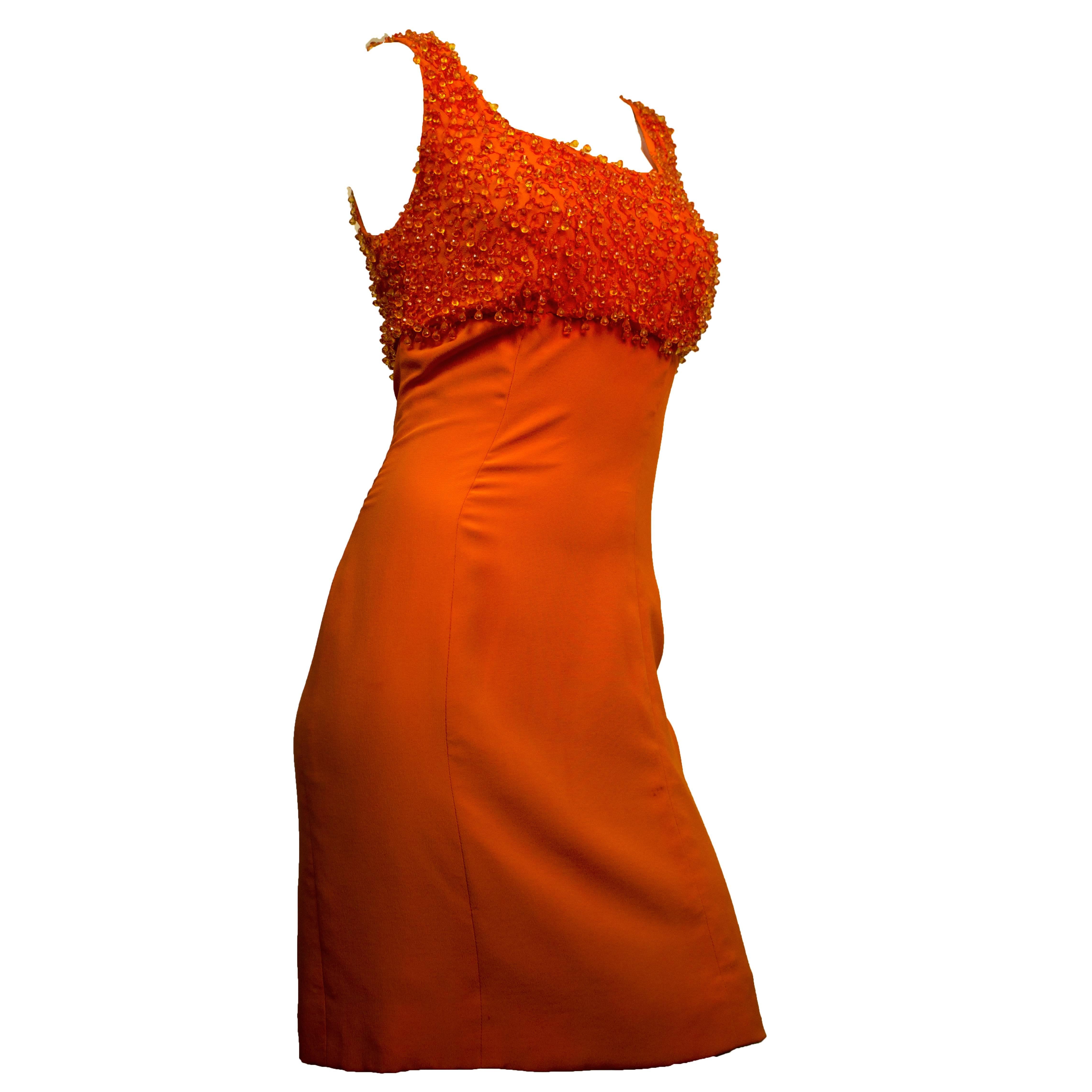 60s Orange Beaded Sheath Dress