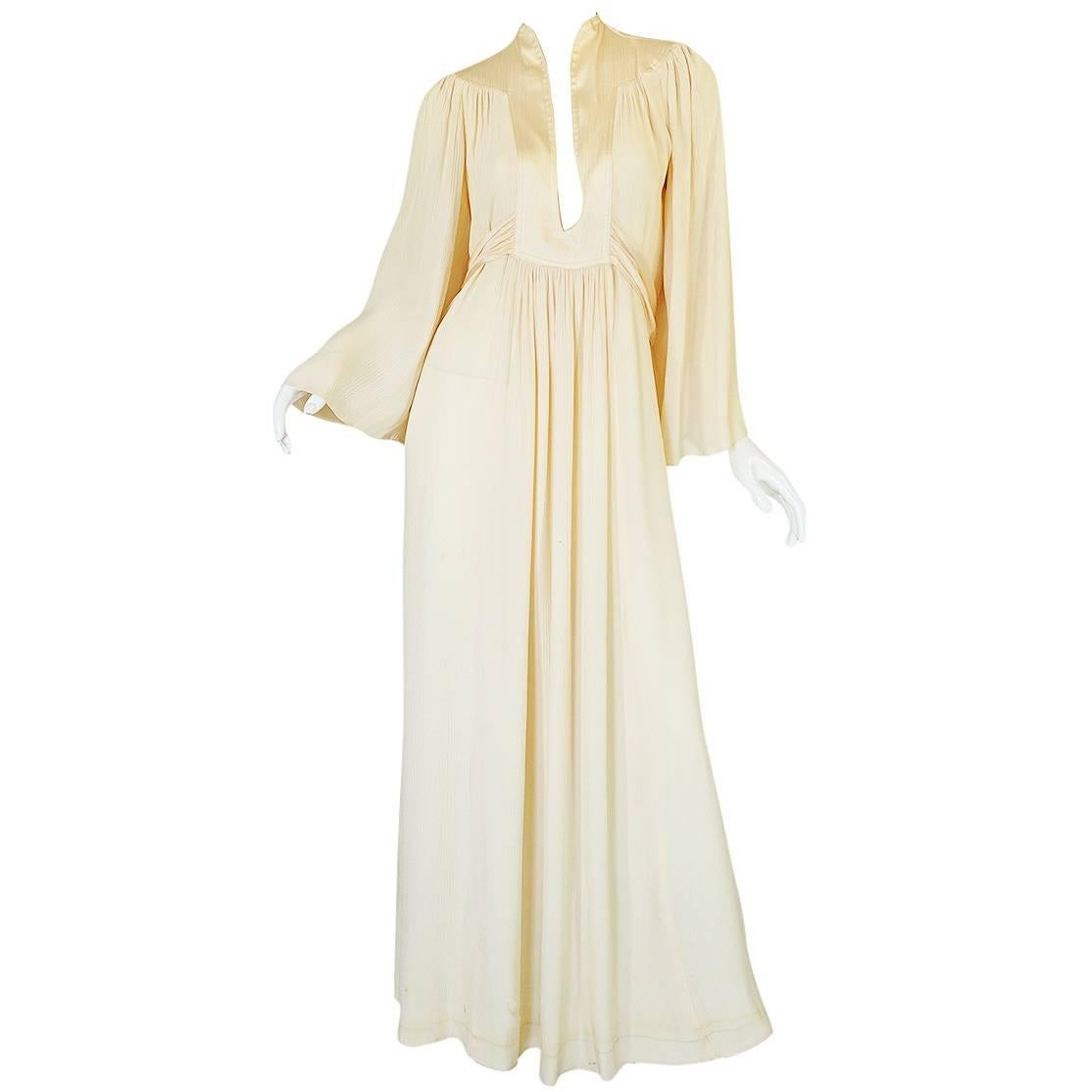 Rare 1960s Ossie Clark Cream Fortuny Pleat Plunge Dress