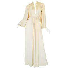 Retro Rare 1960s Ossie Clark Cream Fortuny Pleat Plunge Dress