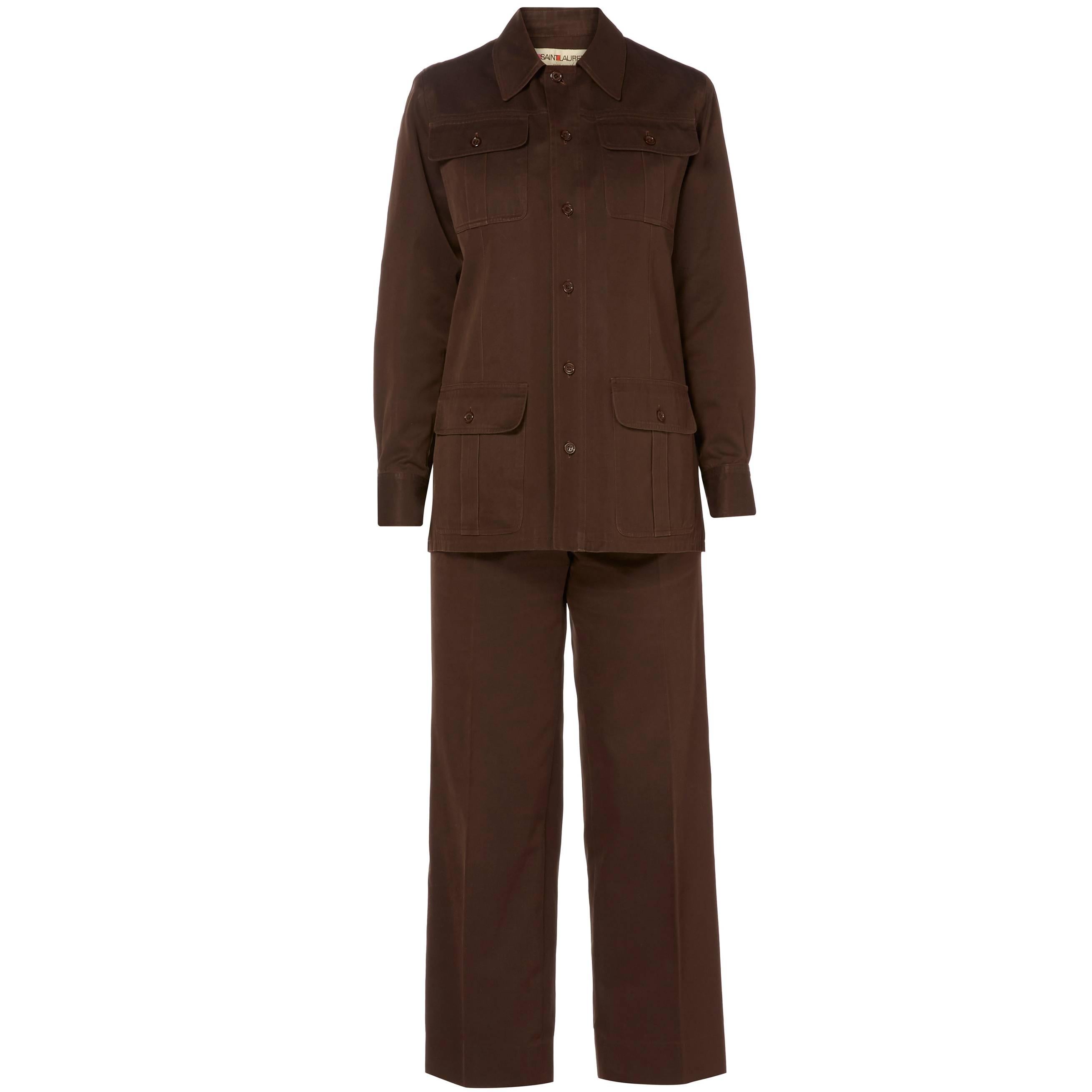 Yves Saint Laurent brown safari trouser suit, circa 1972 For Sale