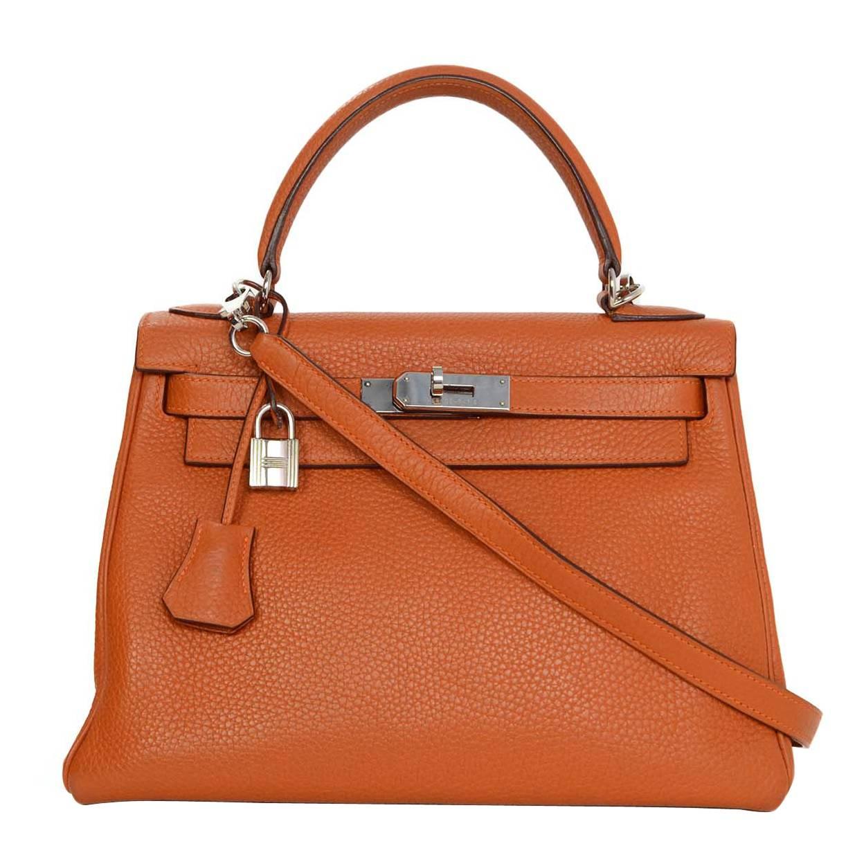 Hermes Orange Clemence 28cm Kelly Bag PHW