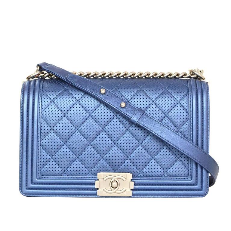 Chanel Metallic Blue Perforated Quilted New Medium Boy Bag SHW rt ...