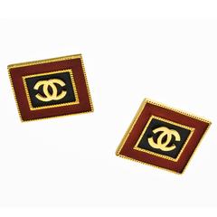 Vintage Rare Chanel Gold Tone Red Black Leather 'CC' Square Clip On Earrings