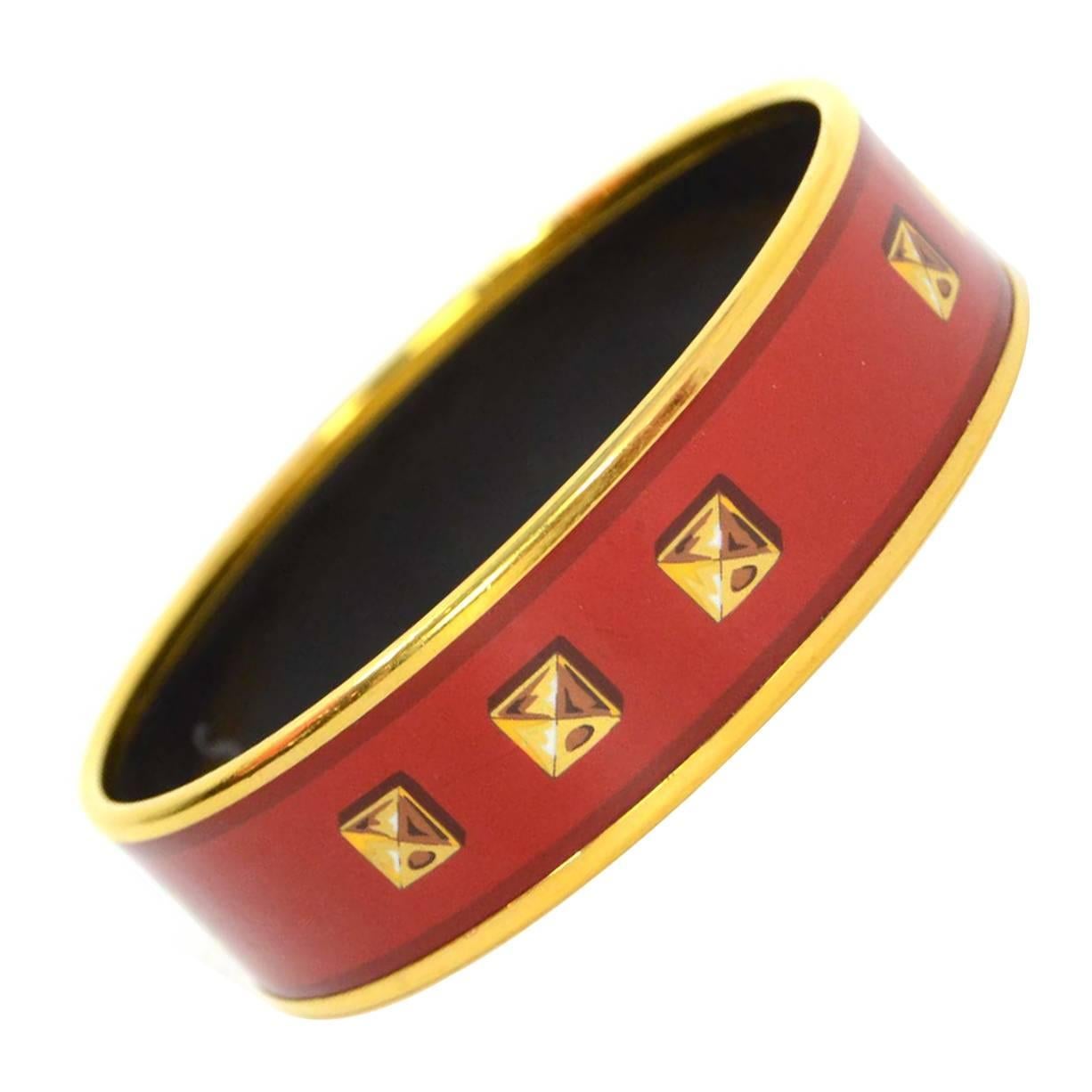 Hermes Red & Gold-Plated Enamel Bangle w/ Stud Design cz 65 