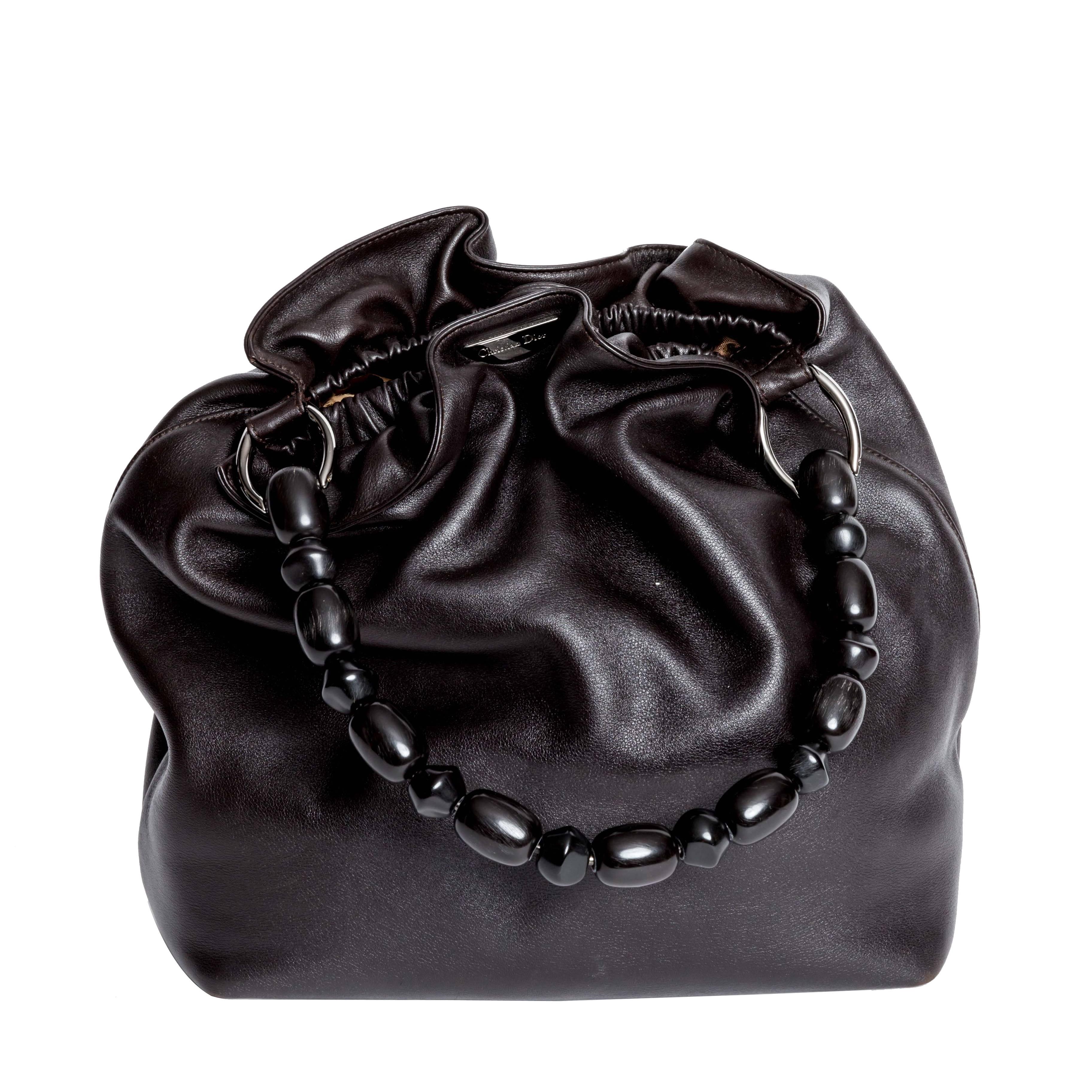 Christian Dior Black Leather Silver Tone Beaded Handle Malice Tote Handbag