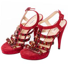 Valentino Red Suede Crystal Studded Platform Sandals 1