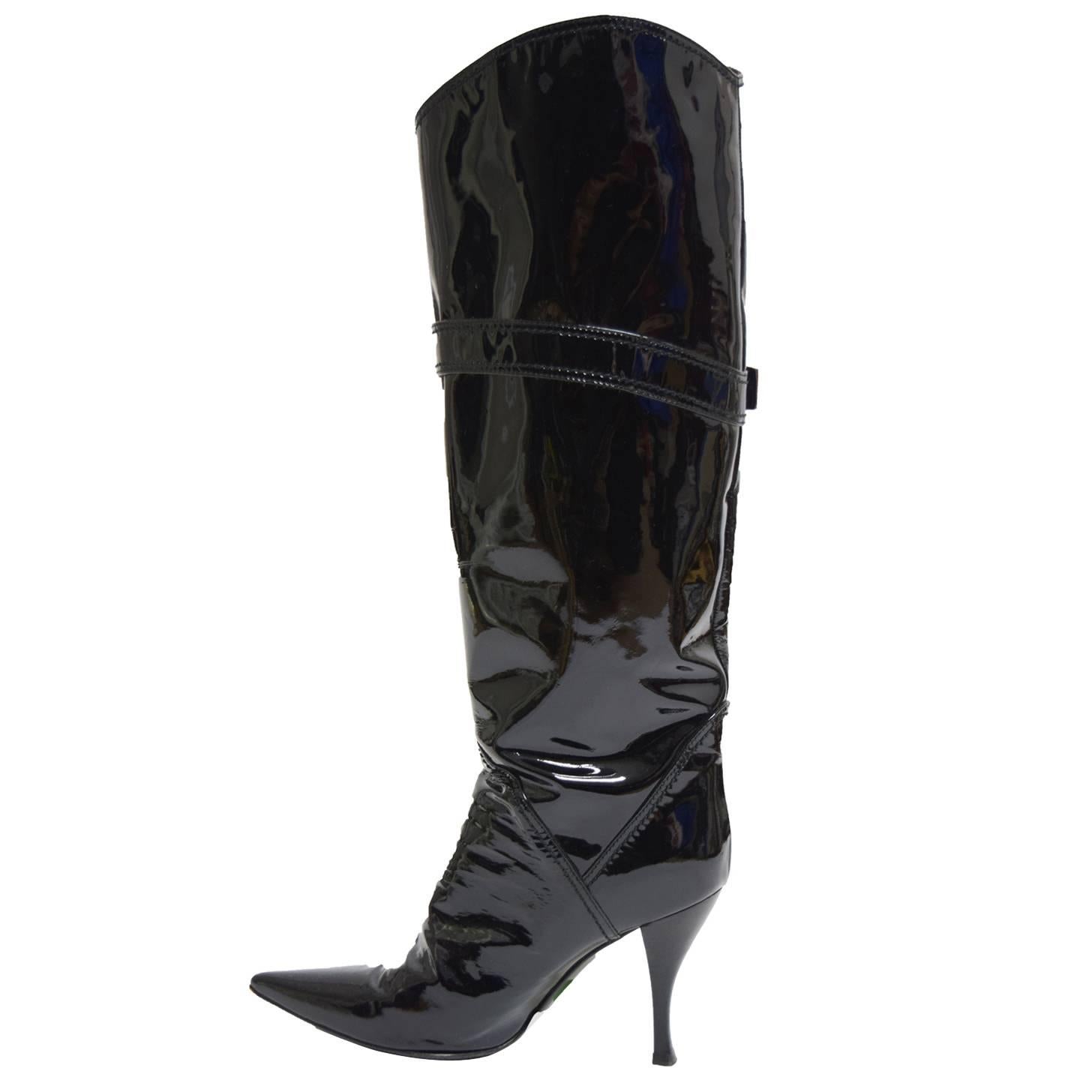 Sergio Rossi Patent Leather Folded Boot with Heel and Buckle  For Sale