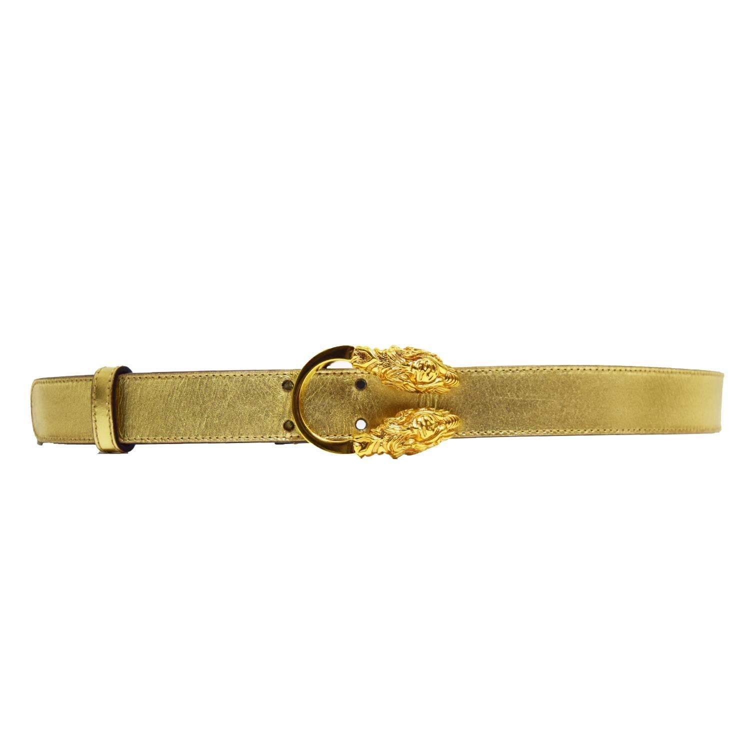 Gucci Gold Iridescent Belt with Gilt Double Headed Lion Buckle For Sale