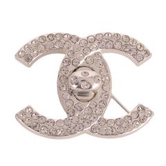Chanel Vintage CC Logo Turnlock Rhinestone Brooch Pin 